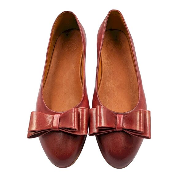 Red Leather Ballet Flats with a Bow - Picture 1 of 3